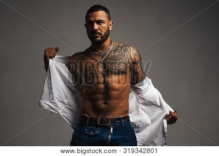 Handsome Bearded Man. Confidence Charisma. Muscular Macho Man With Athletic Body. Sport And Fitness,