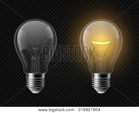 Realistic Light Bulb. Turned Off And Glowing Isolated Lamps. Creative Idea And Innovation Lightbulb 