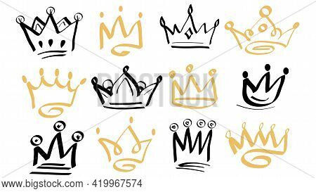 Doodle Crowns. Line Art King Or Queen Crown Sketch, Fellow Crowned Heads Tiara, Beautiful Diadem. Sk