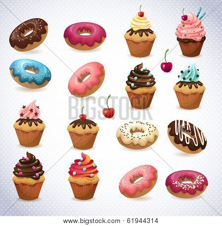 Super cake pack. Chocolate and vanilla desserts. Cupcake, donut and cherry