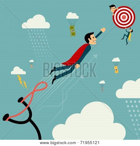 Flat style vector businessman growth. Man on catapult prepare shooting to success goal concept. New