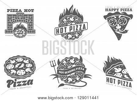 Logos pizza, fast food, vector monochrome badges pizza, pizza with mushrooms, salami, in the oven, slice of pizza with peppers, hot Italian fast food, labels for food products, cafe, restaurant