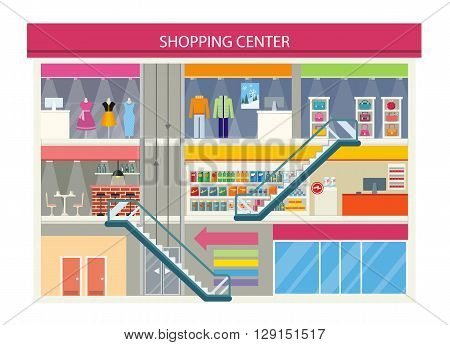 Shopping center buiding design. Shopping mall, shopping center interior, restaurant and boutique, store and shop with cafe, architecture retail, urban structure commercial vector illustration