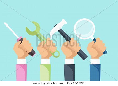 Tools and hands design flat concept. Hand and tool, hand work repair, construction tools service, wrench and spanner tools, hammer tools on hand, screwdriver tools, magnifying glass illustration