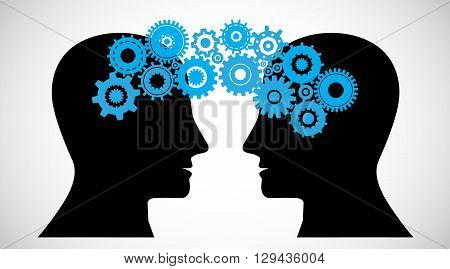 Concept of Brain storming Knowledge sharing between to people head this was shown through cogwheels transferring from one human brain to other this also represents creative mind innovation