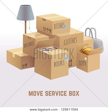 Move service box, package, cargo vector concept. Package move delivery, receive box, deliver box, goods box parcel, container box move illustration