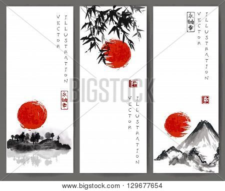 Three banners with red sun, bamboo, mountains and island with trees. Traditional Japanese ink painting sumi-e. Contains hieroglyphs - eternity, freedom, happiness