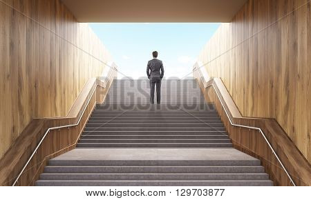 Success concept. Business man climbing stairs leading to success in business. Successful man standing on top of career stairs. 3D Rendering