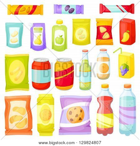 Snack pack set. Snacking products: chips, muesli bar, cookies, soda, juice, nuts. Snacks packing: packet, bag, box, doy pack, bottles, cans, sachet. Fast food vector illustration. Snack and drinks set