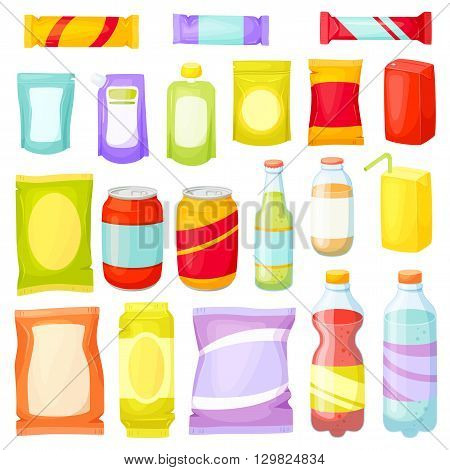 Snack pack set. Snecks packing: packet, bag, box, doy pack, bottles, cans, sachet. Fast food vector illustration. Snack and drinks set. Packaging for snacking products: chip, bar, cookie, soda, juice