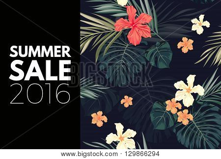 Summer tropical hawaiian sale background with palm tree leaves and exotic flowers, space for text, vector illustration.