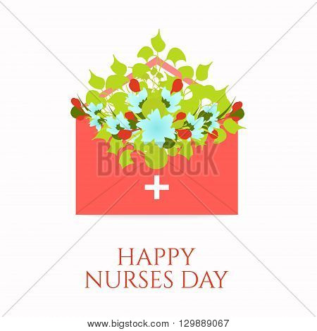 Happy nurses day poster with flowers in an envelope on white background. Medical concept. Vector illustration.