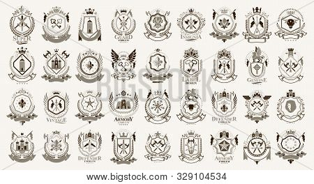 Vintage Heraldic Emblems Vector Big Set, Antique Heraldry Symbolic Badges And Awards Collection, Cla