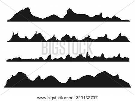 Mountains Silhouettes On The White Background. Wide Semi-detailed Panoramic Silhouettes Of Highlands