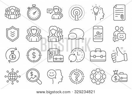 Business User Line Icons. Group, Profile And Teamwork Icons. Portfolio, Timer And Security Shield Sy