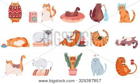 Adorable Cats. Cute Dancing Cat, Funny Angry Kitty And Love Cat Vector Illustration Set. Domestic An