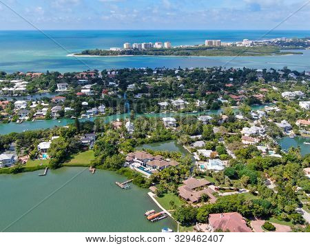 Aerial View Of Siesta Key, Barrier Island In The Gulf Of Mexico, Coast Of Sarasota, Florida. Usa.