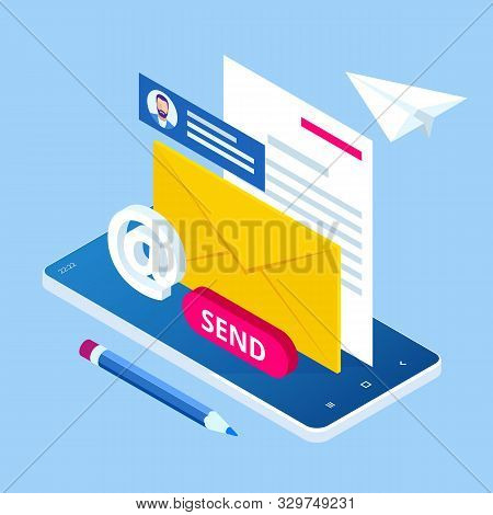 Isometric Email Inbox Electronic Communication. E-mail Marketing. Receiving Messages. New Mail Recei