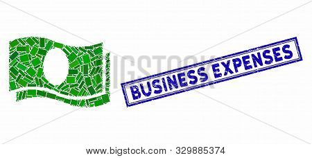 Mosaic Banknotes And Rubber Stamp Seal With Business Expenses Caption. Mosaic Vector Banknotes Is Fo