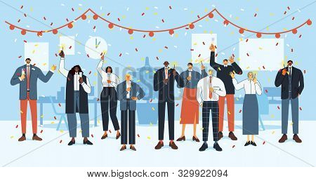 New Year Office Party. Happy Employees Celebrate Holidays, Business Office Crew Christmas Party And 