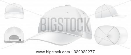 White Cap Mockup. Sport Caps Top View, Baseball Hat And Uniform Hats Views Realistic 3d Vector Set. 