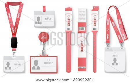 Id Cards Badges. Red Identification Badges On Lanyard, Necklace Tag, Label Cards And Event Identity 