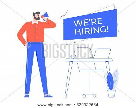 We Are Hiring. Vacant Workplace, Team Manager Hiring New Staff And Hire Employee In Office. Headhunt