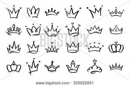 Doodle Crowns. Line Art King Or Queen Crown Sketch, Fellow Crowned Heads Tiara, Beautiful Diadem And