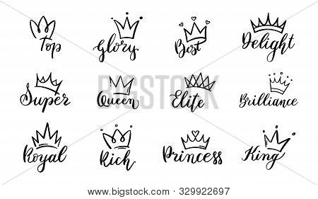 Doodle Crowns Lettering. Crown With Text Elements, Sketch, Majestic Tiara Logo Vector Set. Symbol Of