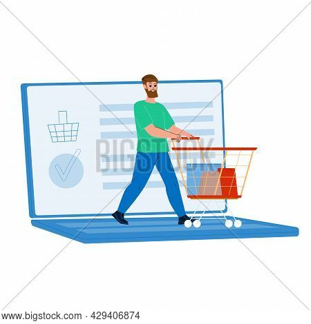 Online Shopping Doing Young Man Client Vector. Guy With Supermarket Cart Make Online Shopping, Choos