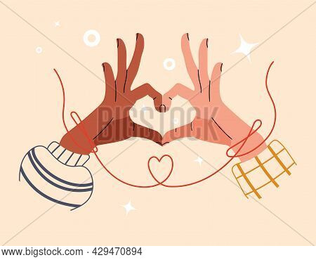 Multinational Hand Of Couple Touch Each Other. Red String Of Fate Or Faith Destiny. Symbol Of Love O