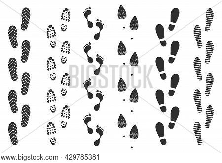 Footprint Track, Human Walking Footstep Trails. Shoe Foot Print Route, Walk Footprints Path, Dirty B