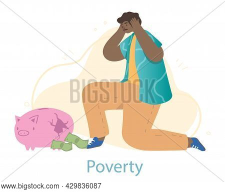 Poor Male Character Sitting Near Broken Piggy Bank With A Few Banknotes Left On White Background. Yo