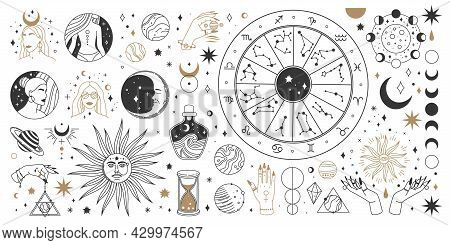 Mystical Astrology, Boho Celestial And Magic Occult Elements. Sacred Mystic Moon, Sun, Star, Zodiac 