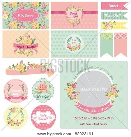 Scrapbook Design Elements - Baby Shower Flower Theme - in vector