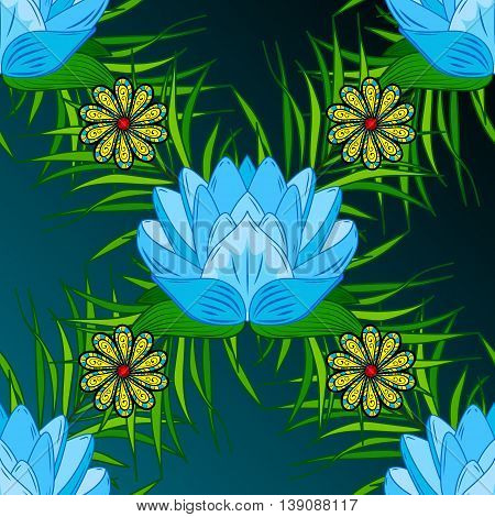 Vintage pattern on blue gradient background with colorful floral elements.