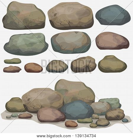 Rock stone set cartoon. Multicolored Stones and rocks in isometric 3d view. Set of different boulders