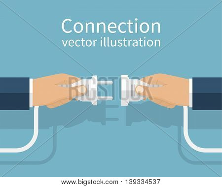 Business connection concept. Partnership. Vector illustration flat design. Businessmen connecting hold plug and outlet in hand isolated on background. Cooperation interaction.