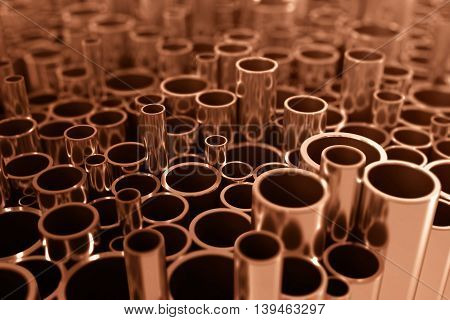 Industry business production and heavy metallurgical industrial products, many shiny steel pipes, industrial background, manufacturing business production concept, copper pipes with selective focus effect, 3D illustration