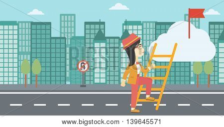 An asian young business woman climbing up the ladder to get the red flag on the top of the cloud on a city background. Vector flat design illustration. Horizontal layout.