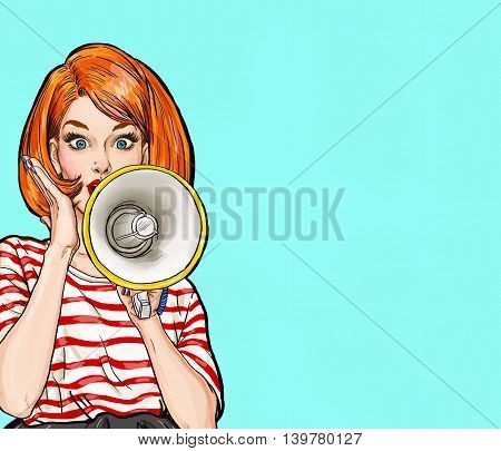 Pop art girl with megaphone. Woman with loudspeaker.Girl announcing discount or sale.Shopping time.Protest, meeting, feminism, woman rights, woman protest, girl power. Pop art background,Special offer