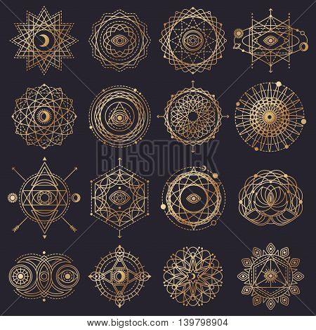 Sacred Geometry Forms with Eye, Moon, Sun. Vector illustration. Geometric Logo Design, Spirograph Lines. Alchemy Symbol, Occult and Mystic Sign. Shiny Gold on Black Background.