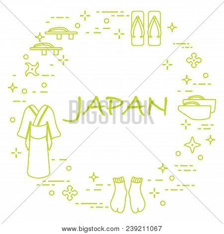 Traditional Japanese Clothing, Shoes And Shurikens. Japan Traditional Design Elements.