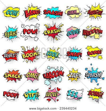 Exclamation Texting Comic Signs On Speech Bubbles. Cartoon Crash, Pow, Bomb, Wham, Oops And Cool Com