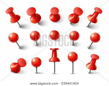 Red Pushpin Top View. Thumbtack For Note Attach Collection. Realistic 3d Push Pins Pinned In Differe