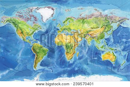 Watercolor Geographical Map Of The World. Physical Map Of The World. Europe, Asia, Africa, Australia