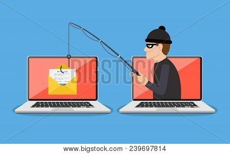 Login Into Account In Email Envelope And Fishing Hook. Phishing Scam, Hacker Attack And Web Security