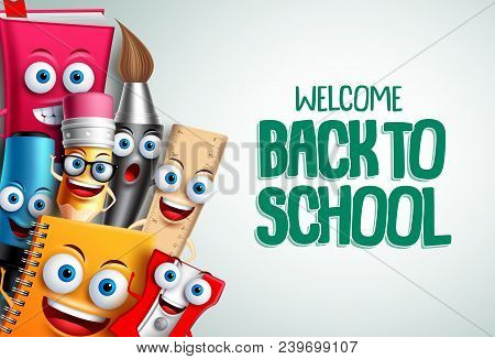 School Characters Vector Education Background. Back To School Text In White Empty Space With Colorfu