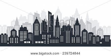 City Silhouette Land Scape. Horizontal City Landscape. Downtown Landscape With High Skyscrapers. Pan