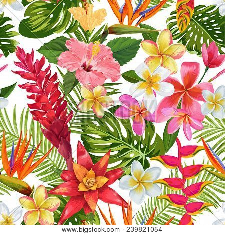 Watercolor Tropical Flowers And Palm Leaves Seamless Pattern. Floral Hand Drawn Background. Exotic B